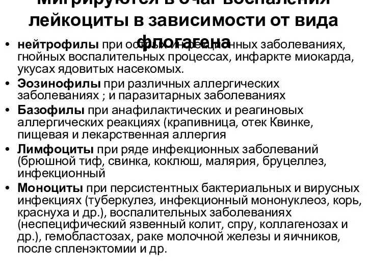 Мигрируются в очаг воспаления лейкоциты в зависимости от вида флогагена нейтрофилы при острых