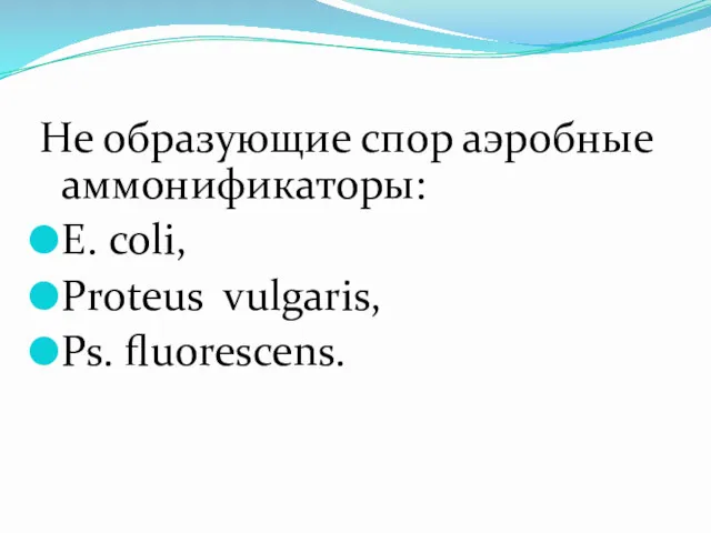 Не образующие спор аэробные аммонификаторы: Е. coli, Proteus vulgaris, Ps. fluorescens.