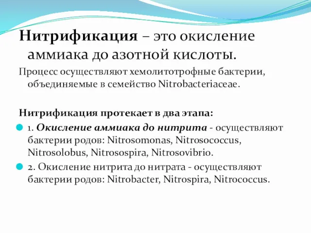 Нитрификация – это окисление аммиака до азотной кислоты. Процесс осуществляют