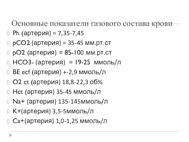 Основные показатели газового состава крови Ph (артерия) = 7,35-7,45 pCO2