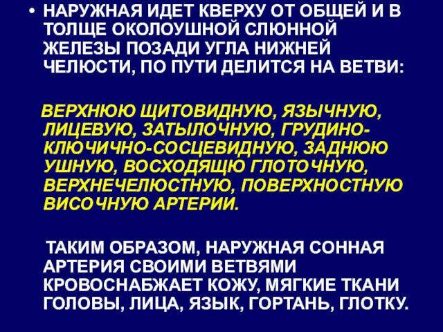 НАРУЖНАЯ ИДЕТ КВЕРХУ ОТ ОБЩЕЙ И В ТОЛЩЕ ОКОЛОУШНОЙ СЛЮННОЙ ЖЕЛЕЗЫ ПОЗАДИ УГЛА