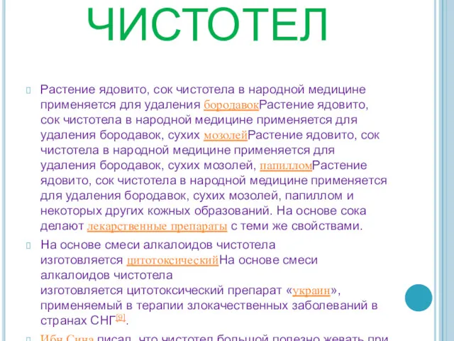 ЧИСТОТЕЛ Растение ядовито, сок чистотела в народной медицине применяется для