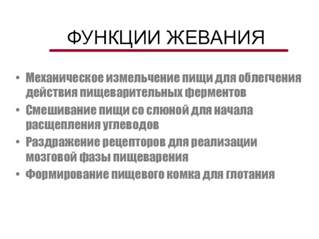 ФУНКЦИИ ЖЕВАНИЯ Механическое измельчение пищи для облегчения действия пищеварительных ферментов