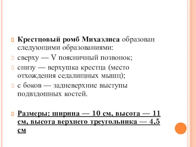 Крестцовый ромб Михаэлиса образован следующими образованиями: сверху — V поясничный