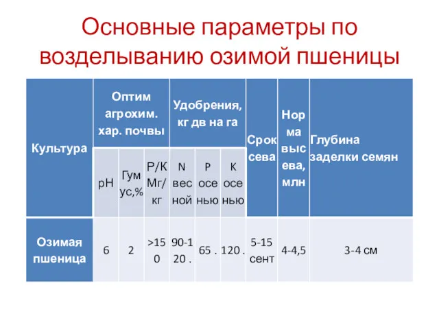 Основные параметры по возделыванию озимой пшеницы