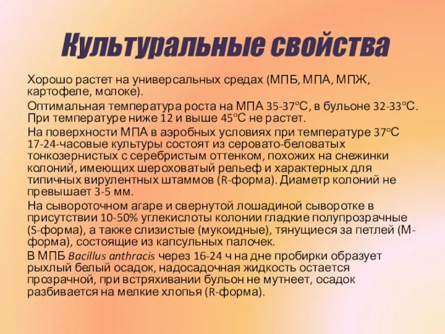 Хорошо растет на универсальных средах (МПБ, МПА, МПЖ, картофеле, молоке).