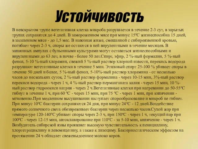 Устойчивость В невскрытом трупе вегетативная клетка микроба разрушается в течение