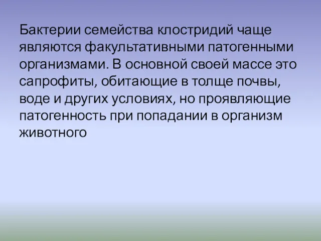 Бактерии семейства клостридий чаще являются факультативными патогенными организмами. В основной