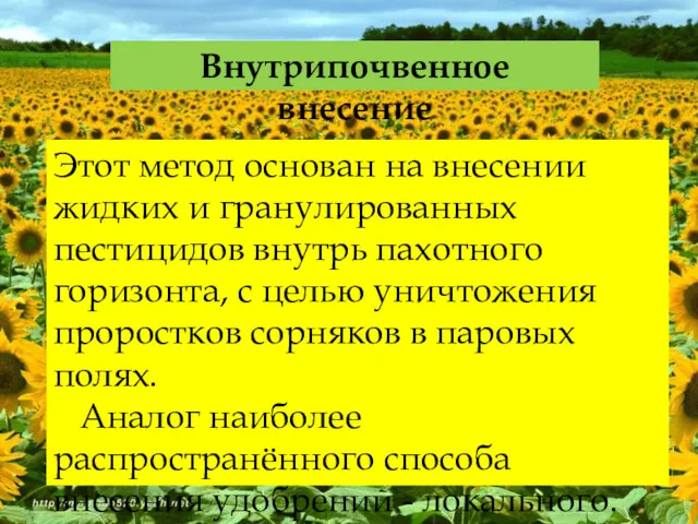 Внутрипочвенное внесение Этот метод основан на внесении жидких и гранулированных