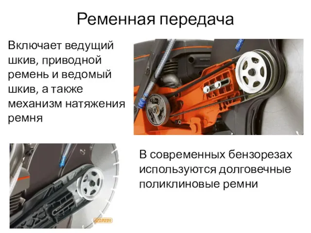 Ременная передача Включает ведущий шкив, приводной ремень и ведомый шкив,