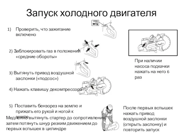 Запуск холодного двигателя Проверить, что зажигание включено 2) Заблокировать газ