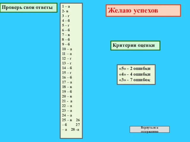 Желаю успехов Проверь свои ответы Критерии оценки «5» - 2