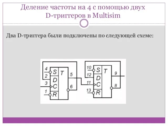 Деление частоты на 4 с помощью двух D-триггеров в Multisim