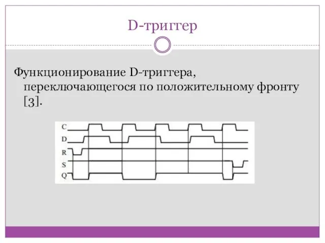 D-триггер Функционирование D-триггера, переключающегося по положительному фронту[3].