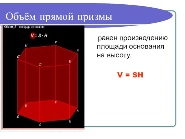 Объём прямой призмы равен произведению площади основания на высоту. V = SH