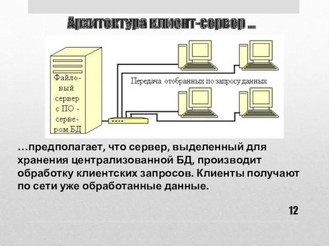 Архитектура клиент-сервер ... …предполагает, что сервер, выделенный для хранения централизованной БД, производит обработку