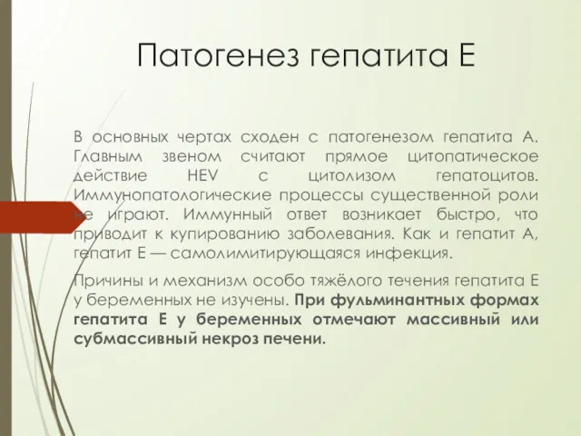 Патогенез гепатита Е В основных чертах сходен с патогенезом гепатита