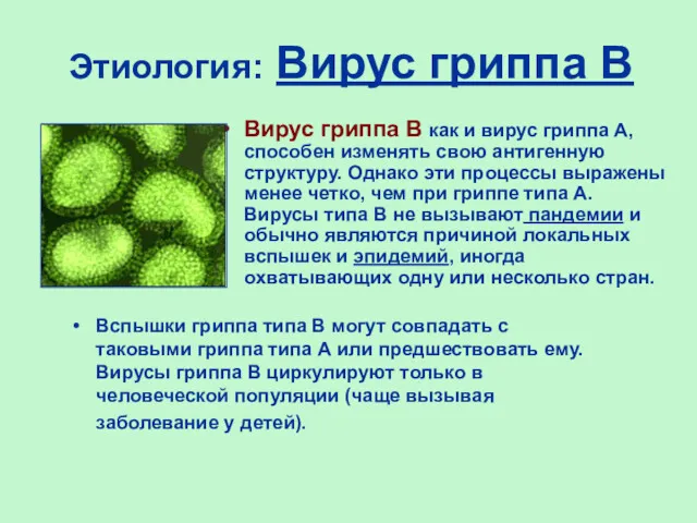 Этиология: Вирус гриппа В Вирус гриппа В как и вирус