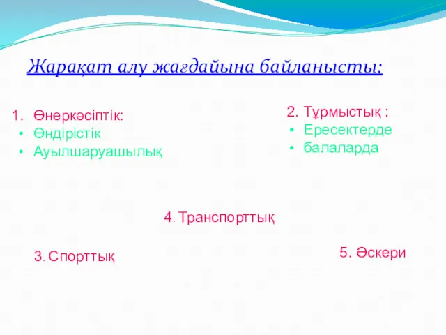 Жарақат алу жағдайына байланысты: Өнеркәсіптік: Өндірістік Ауылшаруашылық 2. Тұрмыстық :