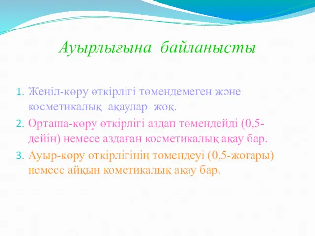 Ауырлығына байланысты Жеңіл-көру өткірлігі төмендемеген және косметикалық ақаулар жоқ. Орташа-көру өткірлігі аздап төмендейді