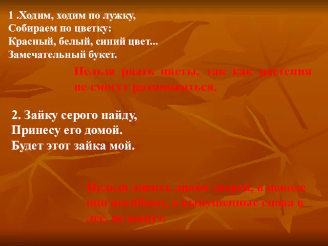 1 .Ходим, ходим по лужку, Собираем по цветку: Красный, белый,