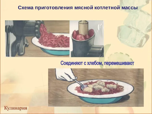 Схема приготовления мясной котлетной массы Кулинария Соединяют с хлебом, перемешивают