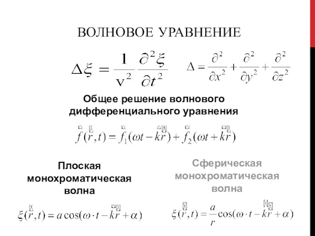 ВОЛНОВОЕ УРАВНЕНИЕ Общее решение волнового дифференциального уравнения Плоская монохроматическая волна Сферическая монохроматическая волна