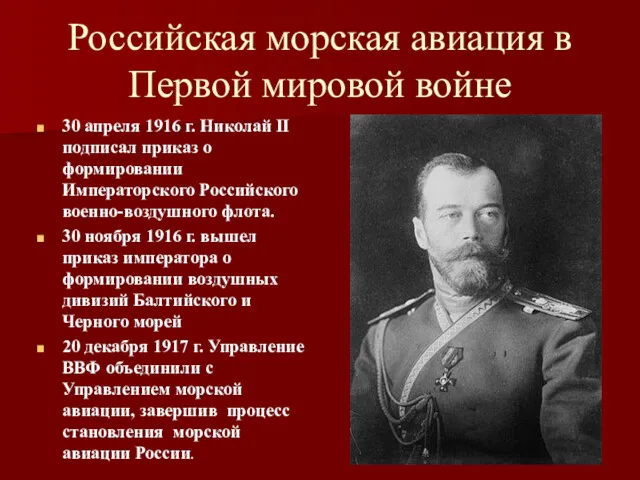 Российская морская авиация в Первой мировой войне 30 апреля 1916 г. Николай II