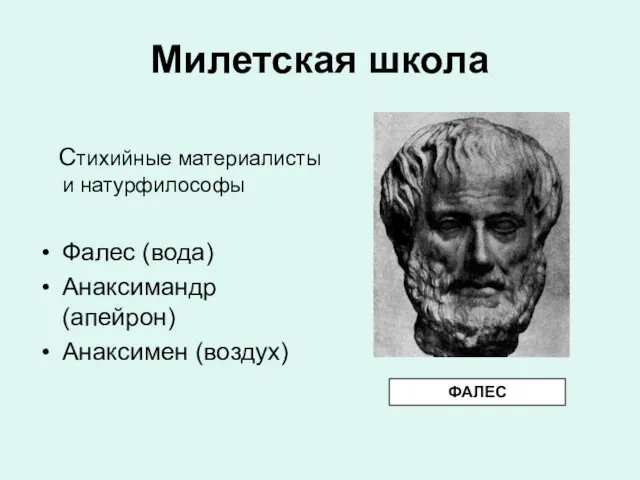 Милетская школа Стихийные материалисты и натурфилософы Фалес (вода) Анаксимандр (апейрон) Анаксимен (воздух) ФАЛЕС