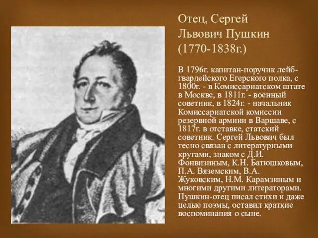 Отец, Сергей Львович Пушкин (1770-1838г.) В 1796г. капитан-поручик лейб-гвардейского Егерского