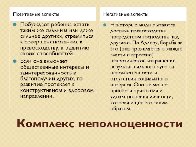 Комплекс неполноценности Позитивные аспекты Негативные аспекты Побуждает ребенка «стать таким