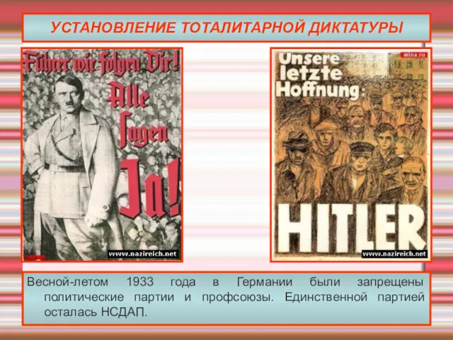 УСТАНОВЛЕНИЕ ТОТАЛИТАРНОЙ ДИКТАТУРЫ Весной-летом 1933 года в Германии были запрещены