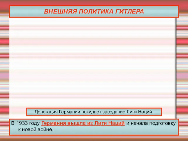 ВНЕШНЯЯ ПОЛИТИКА ГИТЛЕРА В 1933 году Германия вышла из Лиги