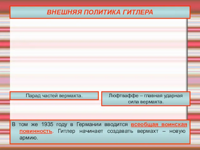 ВНЕШНЯЯ ПОЛИТИКА ГИТЛЕРА В том же 1935 году в Германии