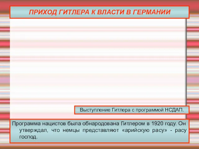 ПРИХОД ГИТЛЕРА К ВЛАСТИ В ГЕРМАНИИ Программа нацистов была обнародована