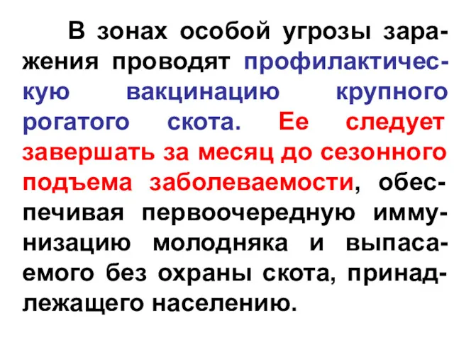 В зонах особой угрозы зара-жения проводят профилактичес-кую вакцинацию крупного рогатого скота. Ее следует