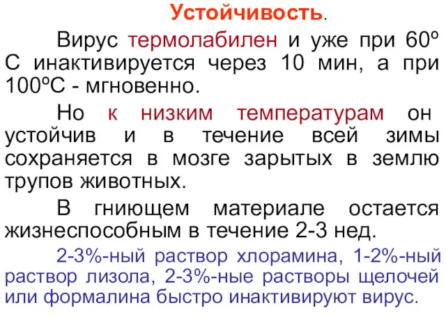 Устойчивость. Вирус термолабилен и уже при 60º С инактивируется через 10 мин, а