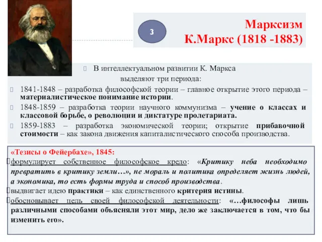 Марксизм К.Маркс (1818 -1883) В интеллектуальном развитии К. Маркса выделяют три периода: 1841-1848