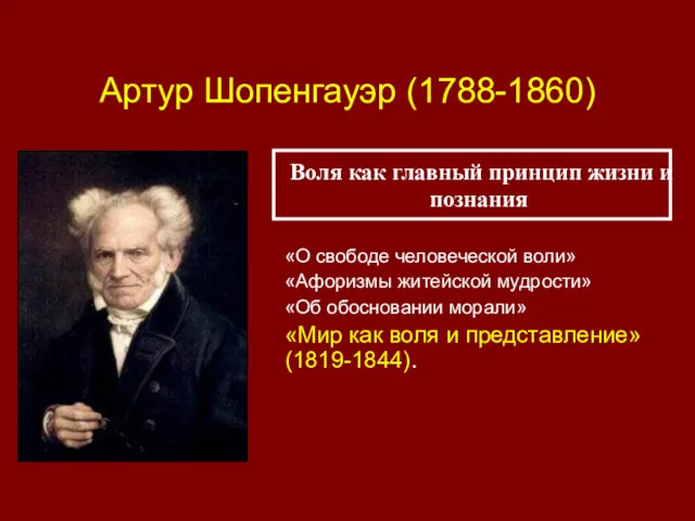 Артур Шопенгауэр (1788-1860) «О свободе человеческой воли» «Афоризмы житейской мудрости»