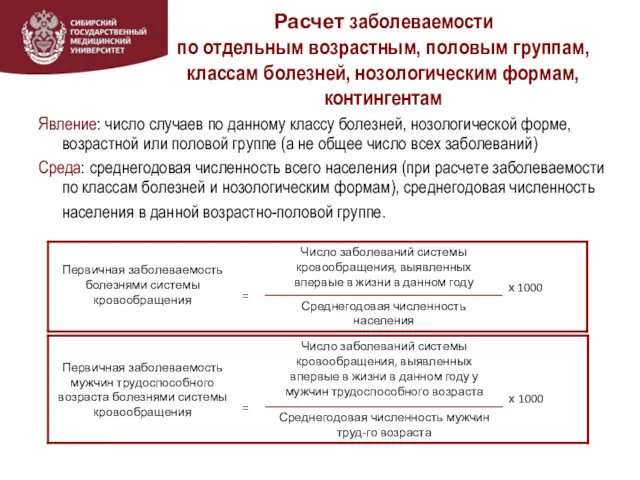 Расчет заболеваемости по отдельным возрастным, половым группам, классам болезней, нозологическим