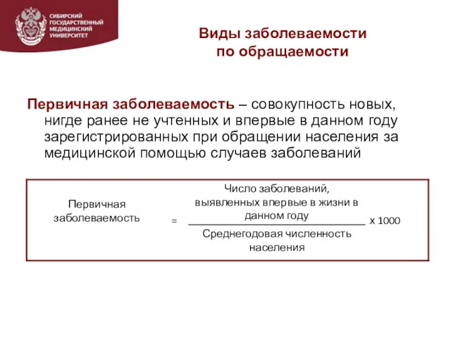 Виды заболеваемости по обращаемости Первичная заболеваемость – совокупность новых, нигде