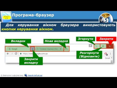 Програма-браузер Розділ 2 § 8 Для керування вікном браузера використовують