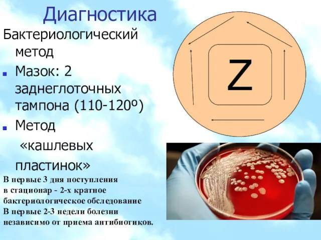 Диагностика Бактериологический метод Мазок: 2 заднеглоточных тампона (110-120º) Метод «кашлевых