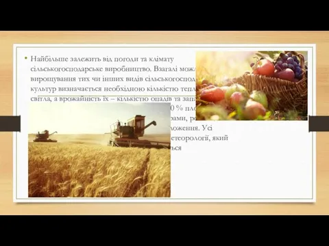 Найбільше залежить від погоди та клімату сільськогосподарське виробництво. Взагалі можливість