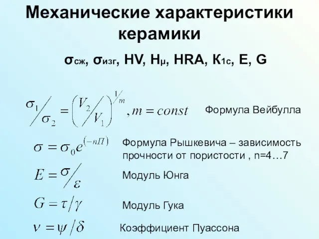 Механические характеристики керамики σсж, σизг, HV, Hμ, HRA, К1с, E,