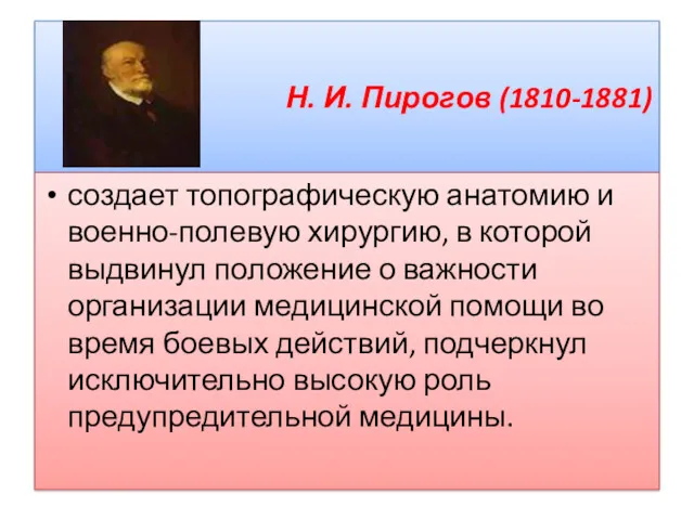 Н. И. Пирогов (1810-1881) создает топографическую анатомию и военно-полевую хирургию,