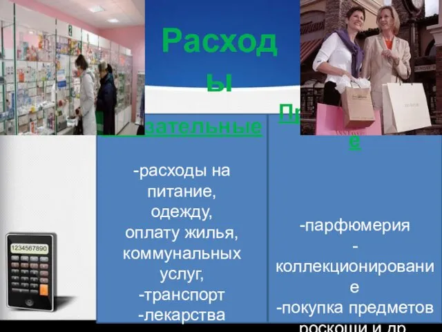 Расходы семьи Обязательные -расходы на питание, одежду, оплату жилья, коммунальных