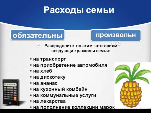 Расходы семьи обязательные произвольные Распределите по этим категориям следующие расходы