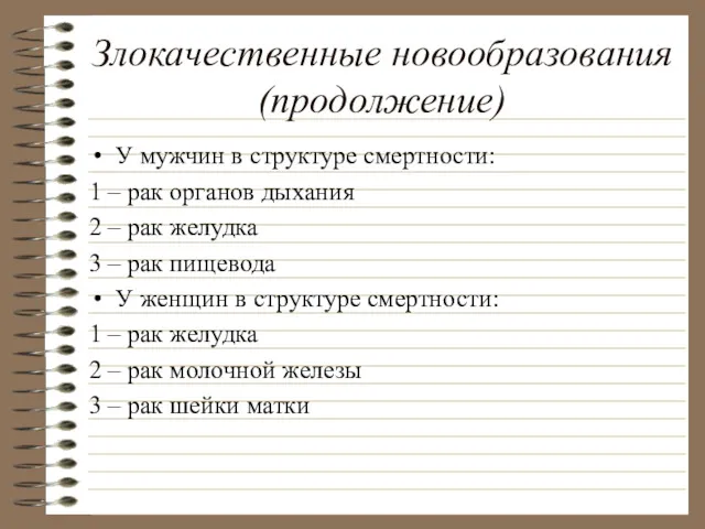 Злокачественные новообразования(продолжение) У мужчин в структуре смертности: 1 – рак