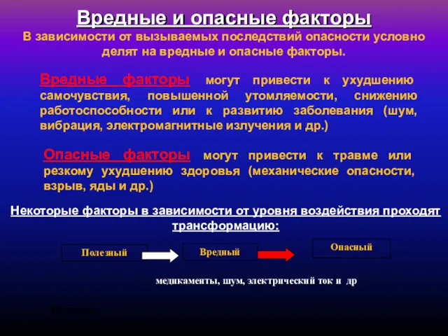 Вредные и опасные факторы В зависимости от вызываемых последствий опасности